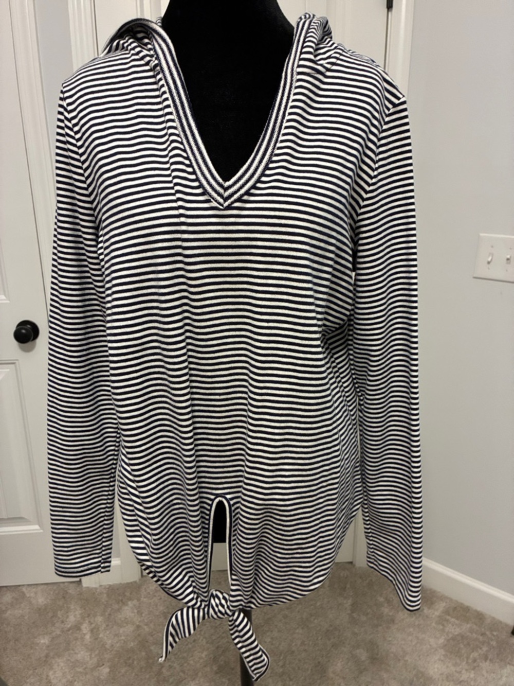 Striped Black and White V-Neck Tie-Hem women’s with hood.